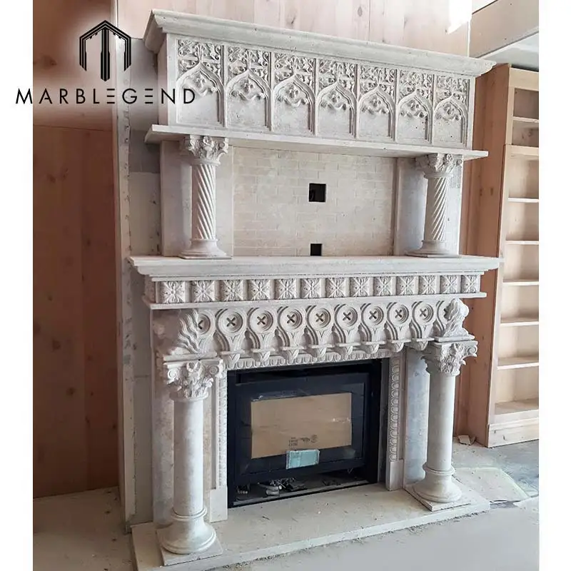 High quality wholesale hand carved natural stone classical white marble mantel fireplace surround