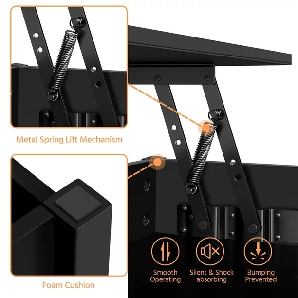 Modern Luxury Multifunctional Design Home Black Furniture Rectangular Solid Wooden Lift Top Tea Coffee Table with Storage Shelf