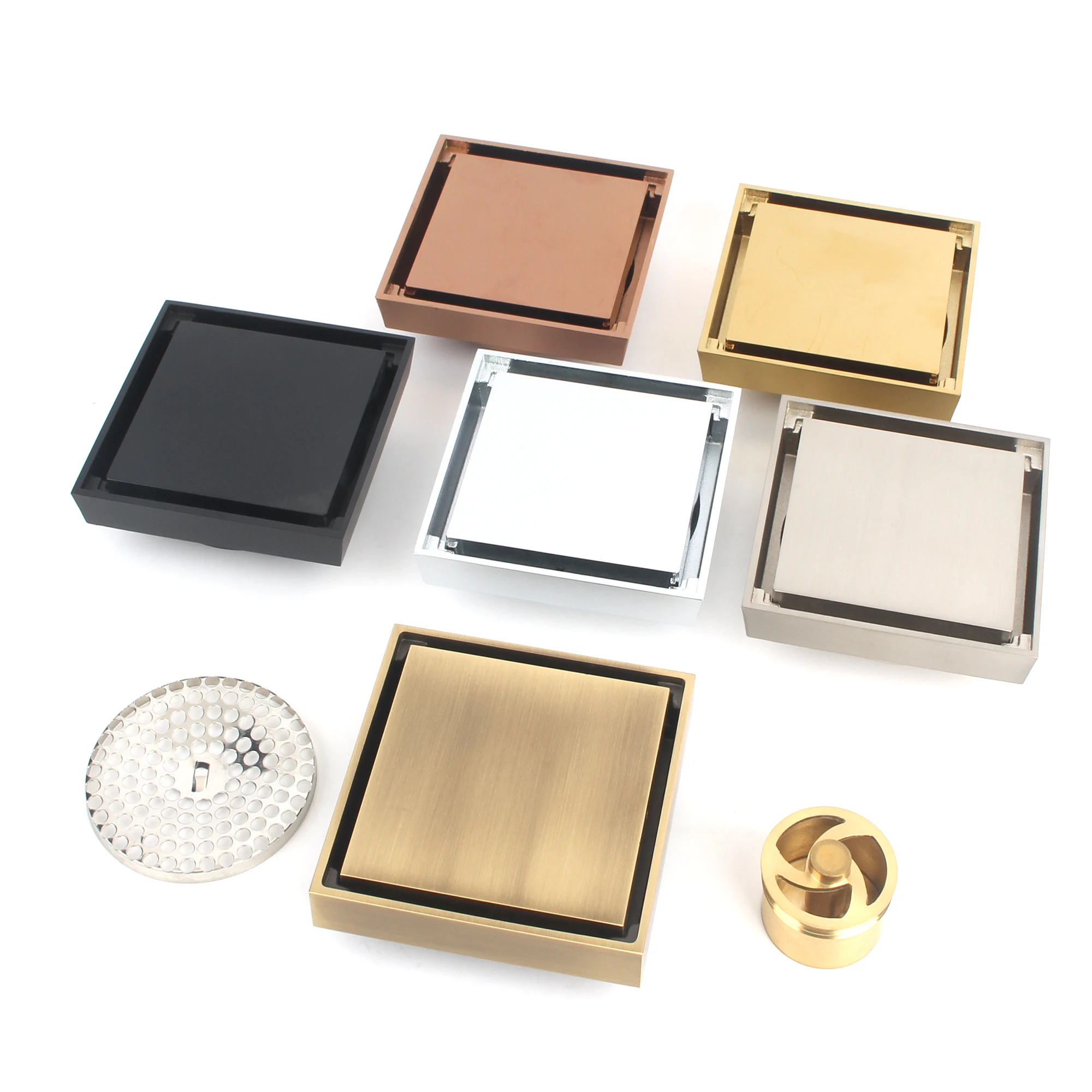 4 Inch Brass Rectangle Tile Insert Floor Drain Polished Chrome Plated Industrial Design Style Bathroom Shower Room Electroplated