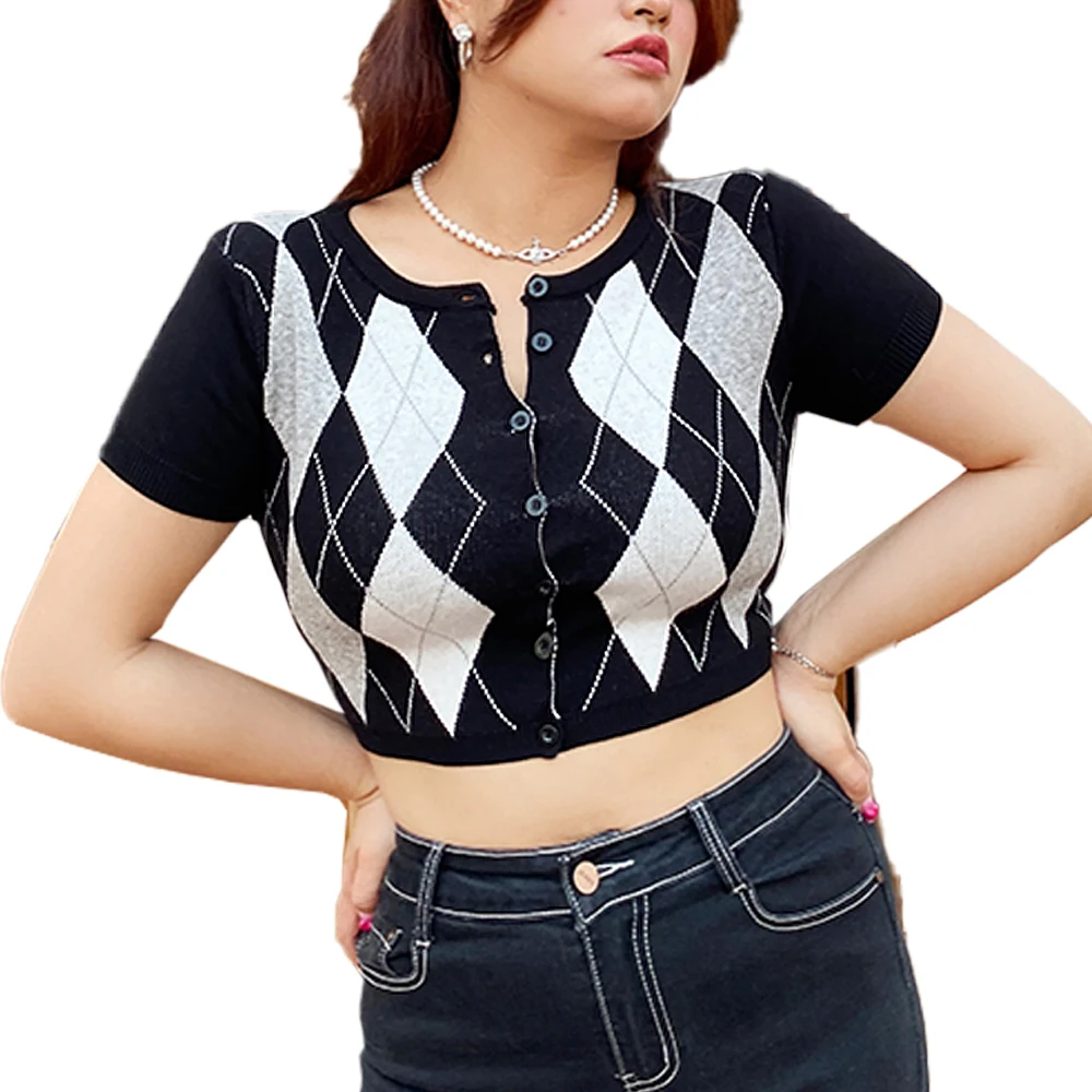 
argyle crew neck plus size summer crop knitted sweater cardigan for women short cardigan sweater 