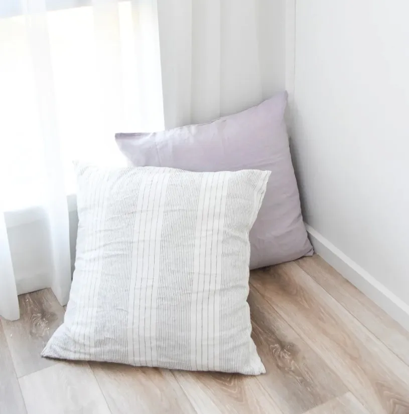 Stonewashed 100% french flax linen stock high quality square pillow case strip neutral color living room 65x65cm