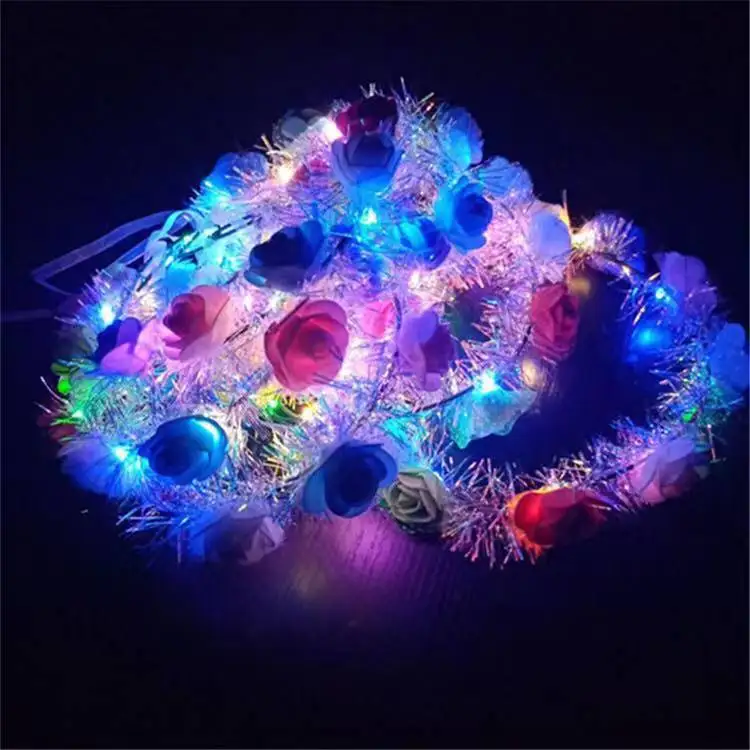 LED Hair Decoration Hawaii Beach Wedding Silk Flower Head Wreath Rose Leaf Garland