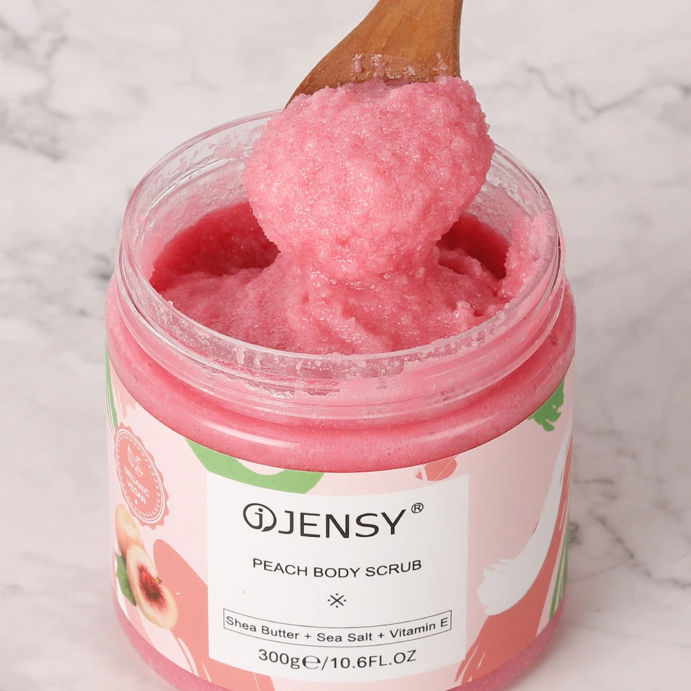 Оптовая продажа от производителя пенная веганская натуральная соль отшелушивающая Органическая персиковая прозрачная индивидуальная этикетка отбеливающий скраб для тела