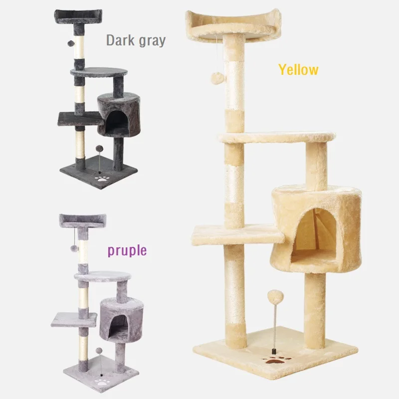 Wood Large Cat Tree Dark Grey Outdoor Cat Tower with Sisal-Covered Scratching Post Cat Condos Stand with Toys