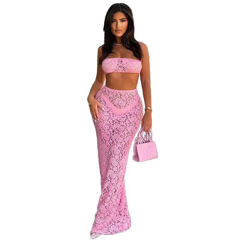 Sexy lady Clothing 2024 winder  New Lace Design Long Sleeve Tops Low Waist Long Skirt Casual Dress 1pcs sets