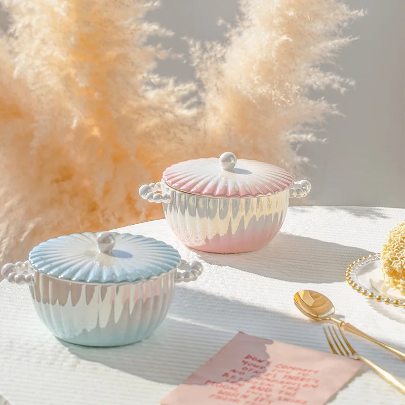 HY Pearl Ceramic Soup Bowl Instant Noodle Bowl with Lid Single Double Ear Delicate Ramen Bowl