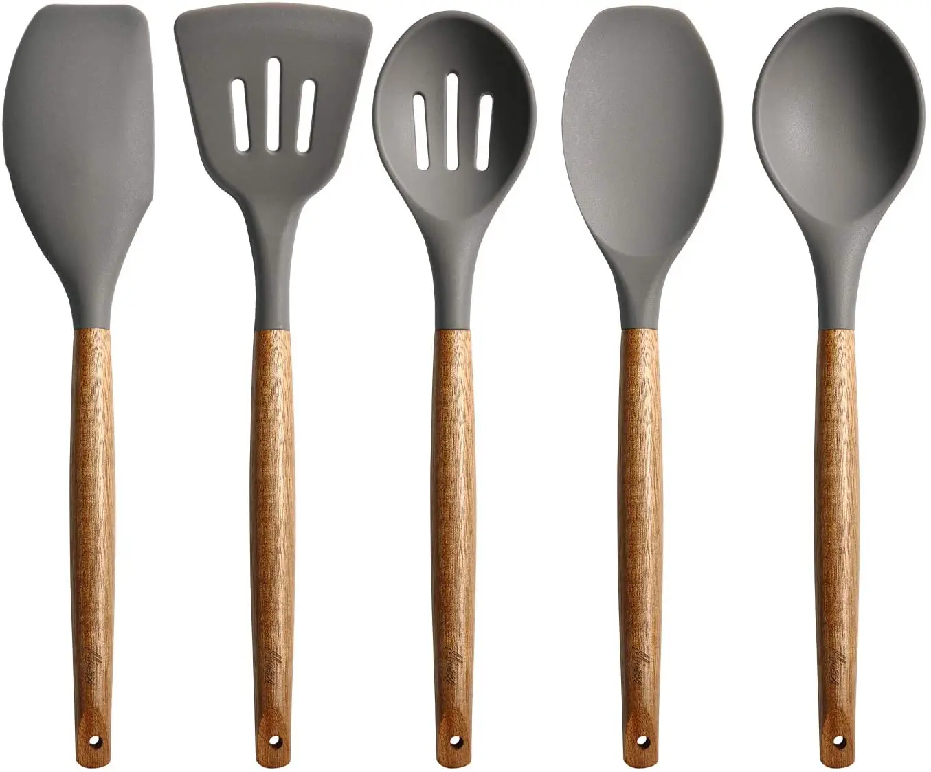 Non-Stick Silicone Cooking Utensils Set with Natural Acacia Hard Wood Handle, 5 Piece, Grey, High Heat Resistant