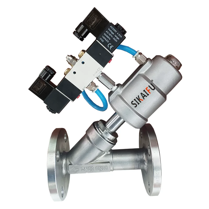 Flange stainless steel pneumatic angle seat valve with DC24V Solenoid valve