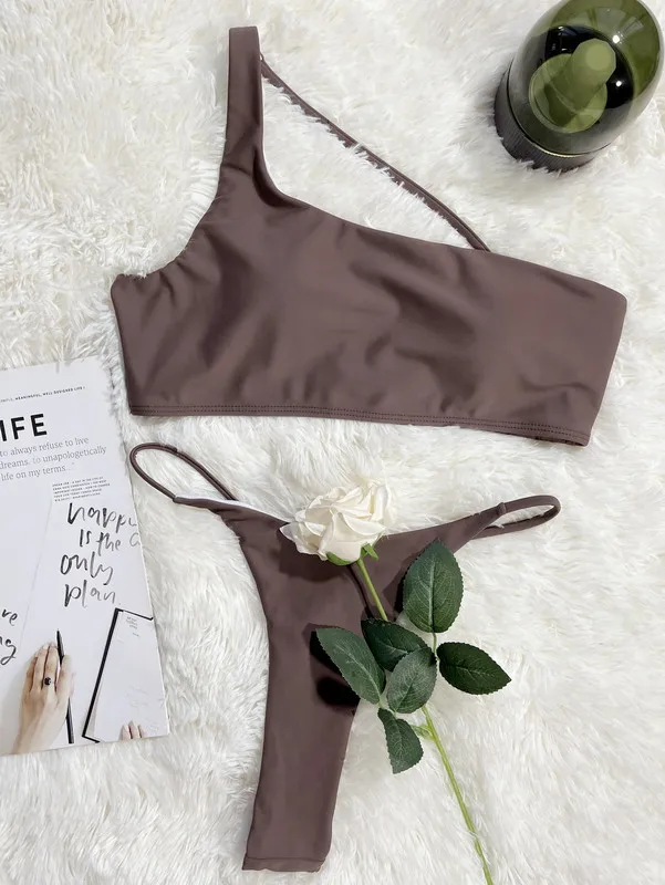 PASUXI Custom Two Piece Women Fashion Swimwear Solid High Waist One Shoulder Backless Beach Suit