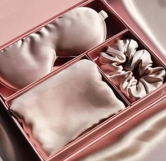 Custom luxury 100% pure silk hair scrunchies silk pillow case with zipper and eye mask set with box