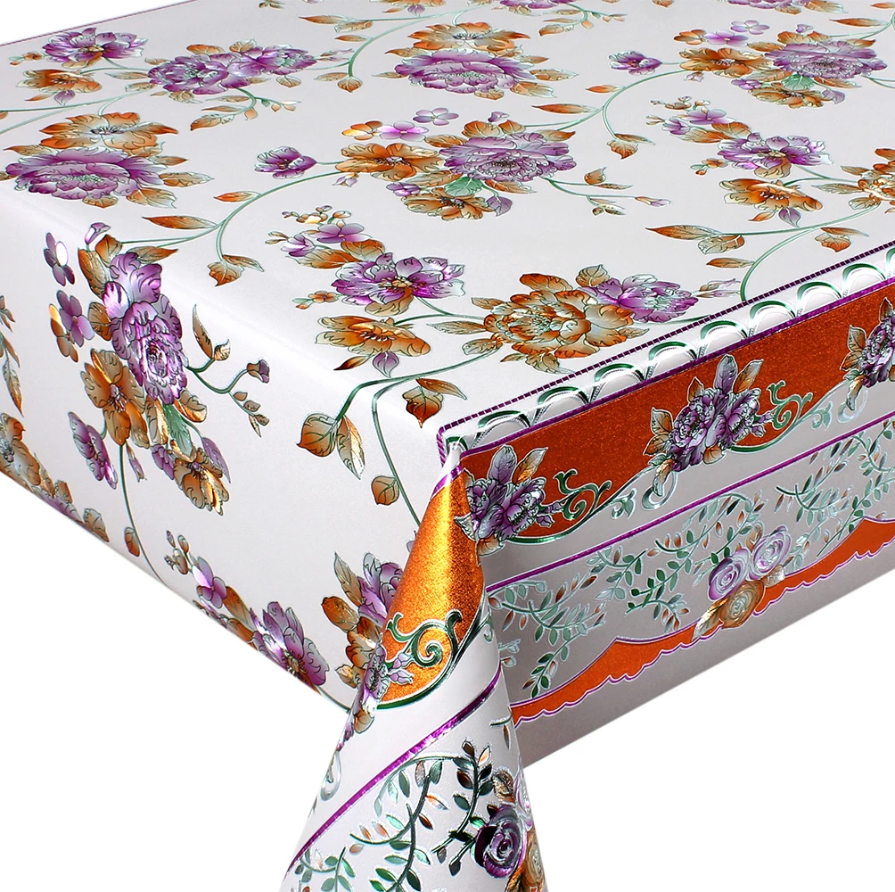 Factory Waterproof Embossed 5D Mantel Oilcloth Gold Fabric Polyester PVC Vinyl Table Cloth Roll