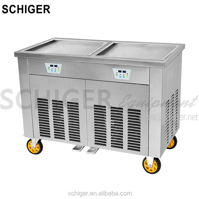 SCHIGER  New 2 Square Pans 450mm Thailand Fried Ice Cream Machine Cart Work Individually Strong Production Capacity