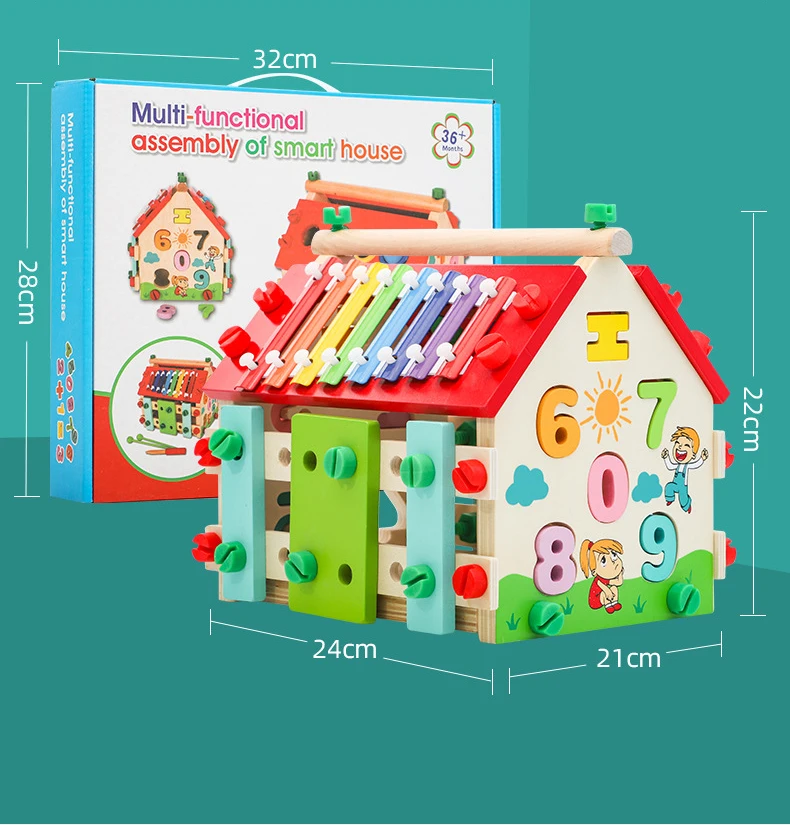 Hot Selling Multifunctional Smart House Wooden Ball Knocking Xylophone Screw matching house Montessori Early Educational Toys