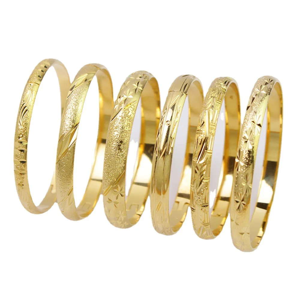 High Quality Fashion Gold Jewelry 14k 18k Yellow Goldfill Plated Etched Circles Bangle Smooth Closed Bracelet