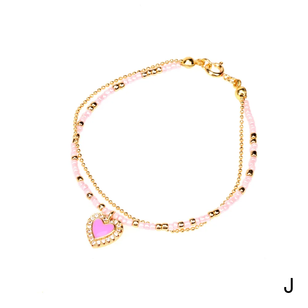 Fashion Cute CZ Micro Paved Double Layers Miyuki Rice Bead Chain Bracelet Glass Beads Rainbow Enamel Love Heart Charm Bracelet