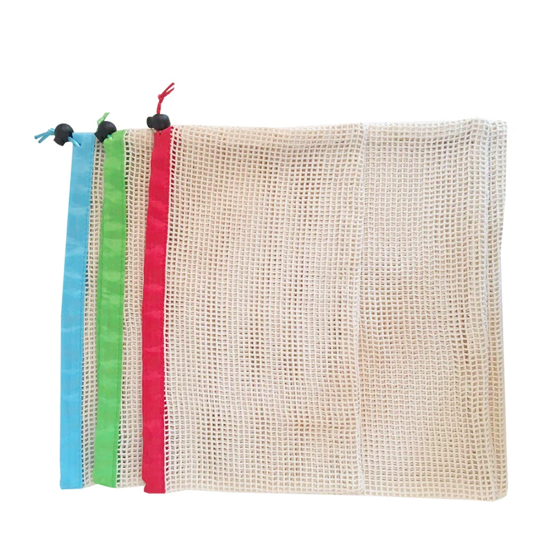 Custom Logo Organic Cotton  shopping Reusable Net Drawstring Vegetable Mesh Bag