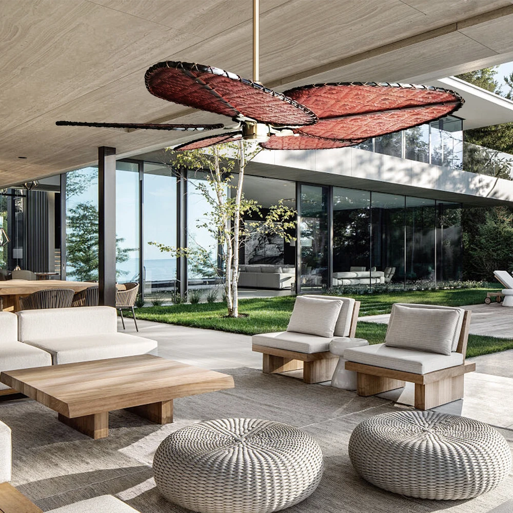 Island Fan Natural Hand-woven Rattan 5 Blades 52cm Remote Control Ceiling Fan