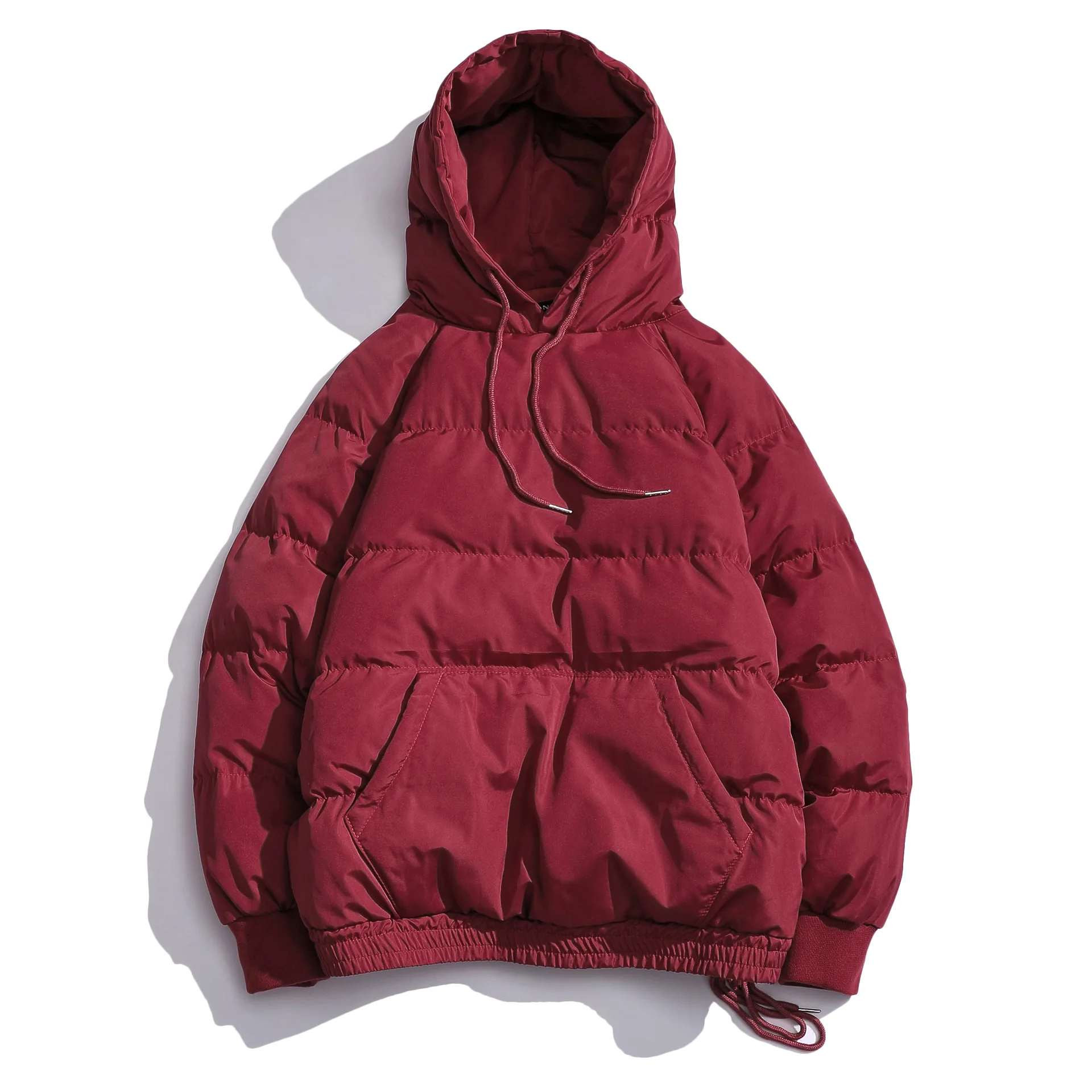 
Hot Winter Thick Loose Waterproof Sidekick Nylon Plain Black Kangaroo Pocket Windbreaker Pullover Puffer Jacket Down Hooded Men 