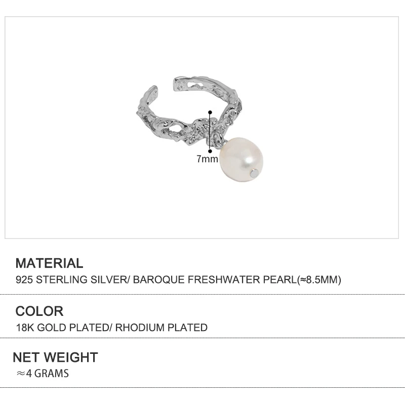 WuQie Delicate 925 Silver with Baroque Freshwater Pearl Rings Jewelry Women