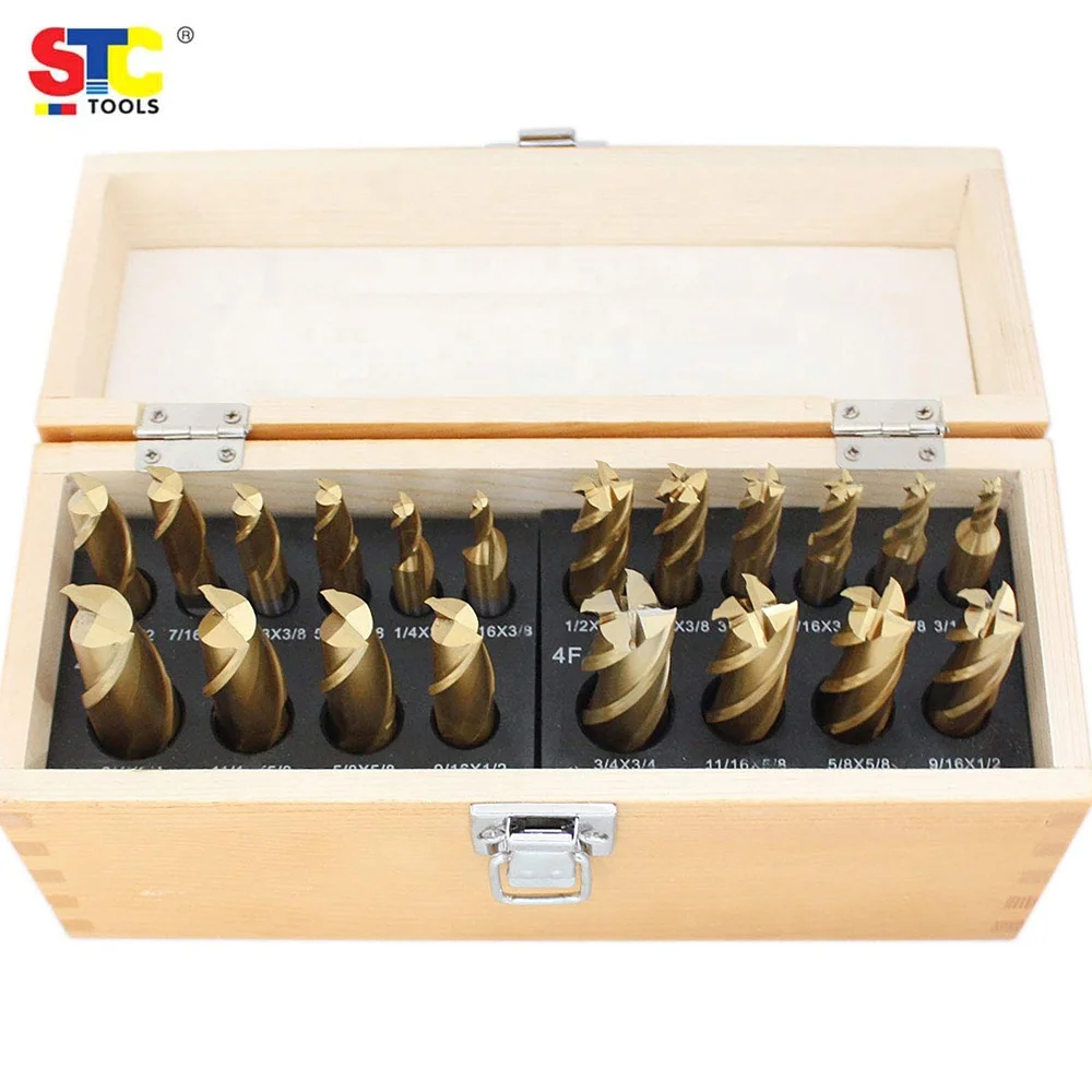 Imperial 3/16' to 3/4' 2 Flute 4 Flute 20 Pc CNC Machining set HSS Tin Titanium Coated End Mill Milling Cutter Set