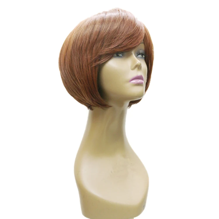 Novelties Wholesale High Fibre African Brown Bangs Blend Wig Pixie Curls Blunt Cut Colored Synthetic Hair Short Bob Ladies Wigs