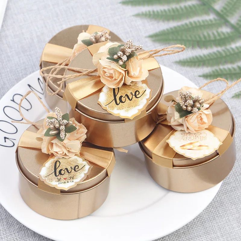 Wholesale Tin Metal Box Storage Round Can Wedding Tin Box Cookie Chocolate Gift With Ribbon And Flower