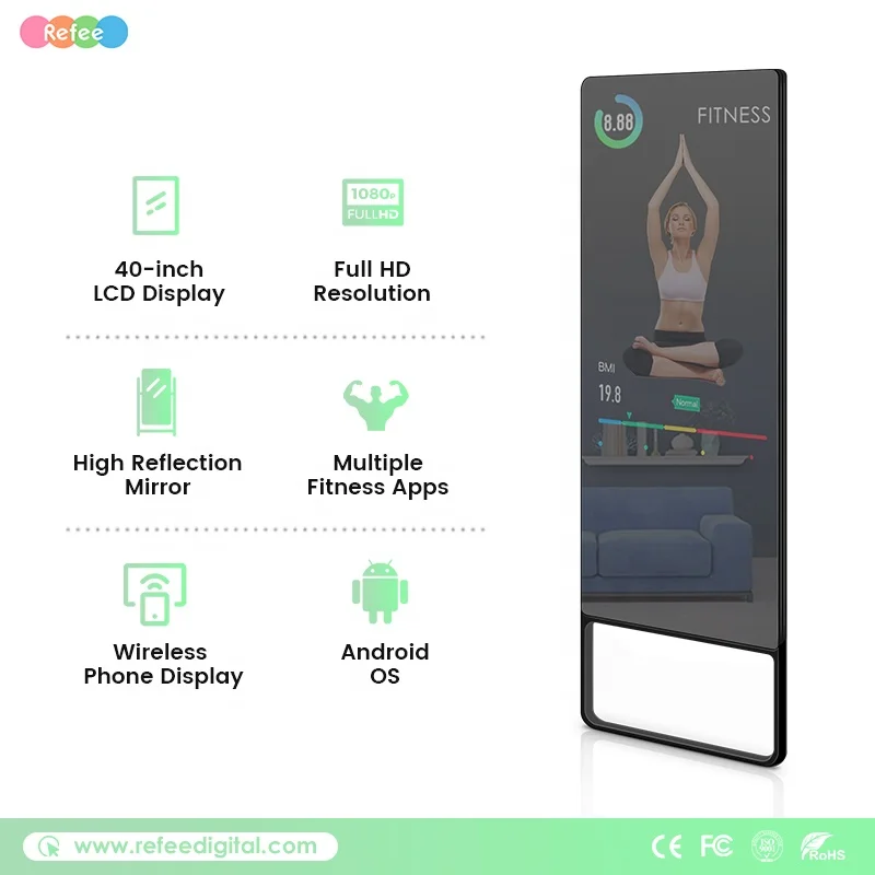 Tounchscreen Personal Trainer Mirror Floor Standing LCD Display AI Artificial Home Gym Strength Smart Exercise Fitness Mirror
