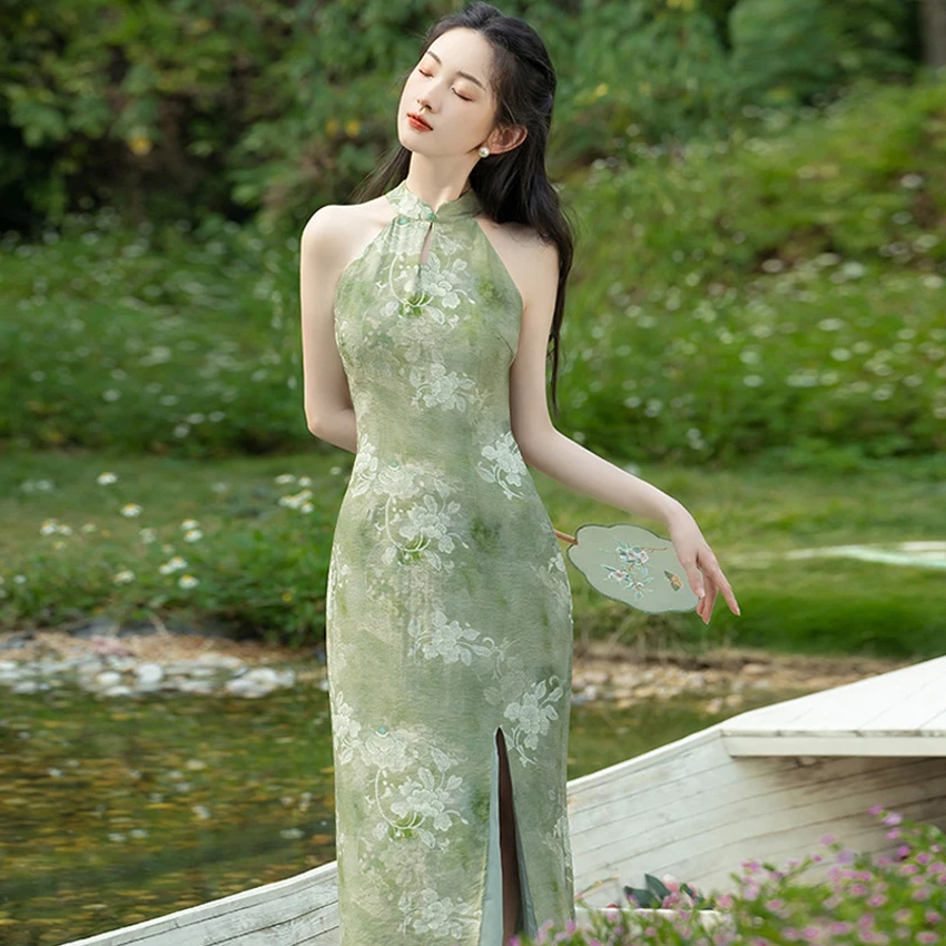 New Chinese hanging neck qipao zen dress women summer night dress for woman elegant