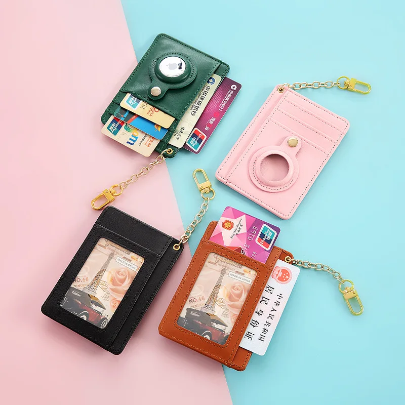Hot selling  with key chain Airtag tracker protective sleeve PU leather card wallet slim with ID card clip card holder