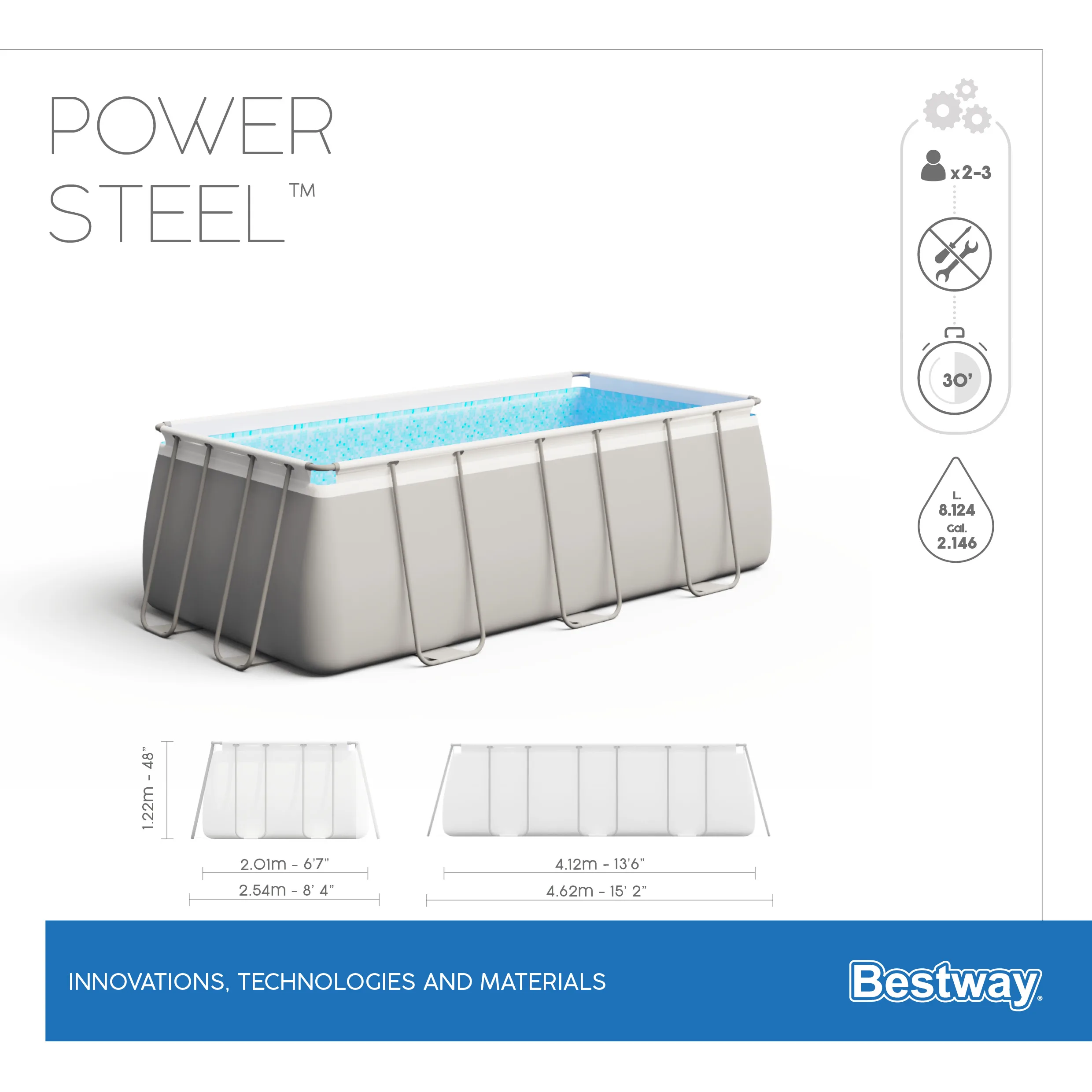 Bestway 56457 Factory Direct Discount 4.12m x 2.01m x 1.22m Power Steel Above Ground Pool Set