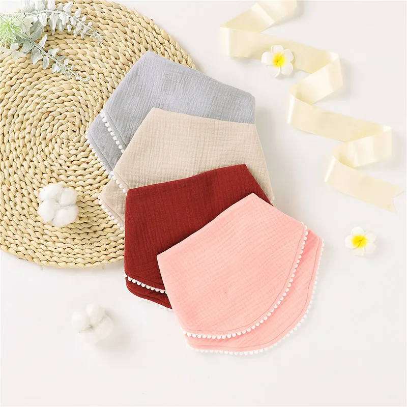 Wholesale Woven Muslin Plain Pom Trim Baby Bibs Organic Cotton