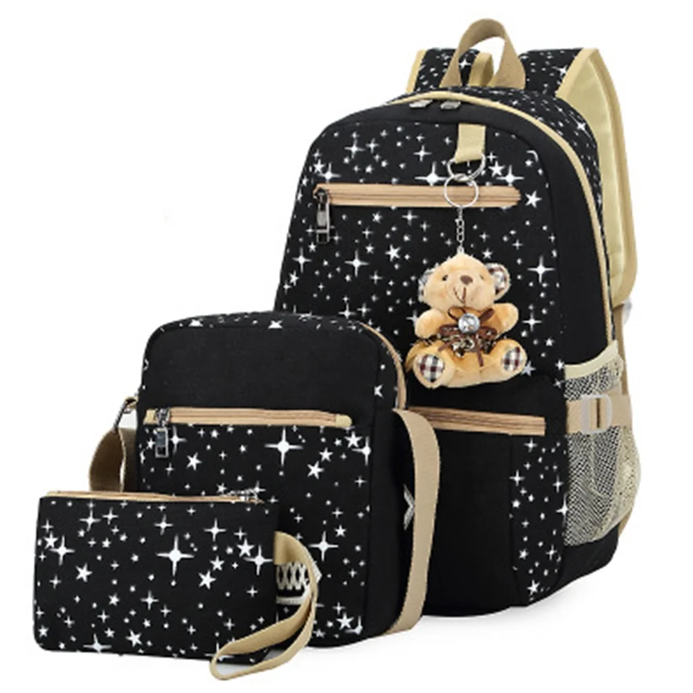 
 High Quality Fashion Canvas Print Large Capacity Backpack School Bag Set Bags  