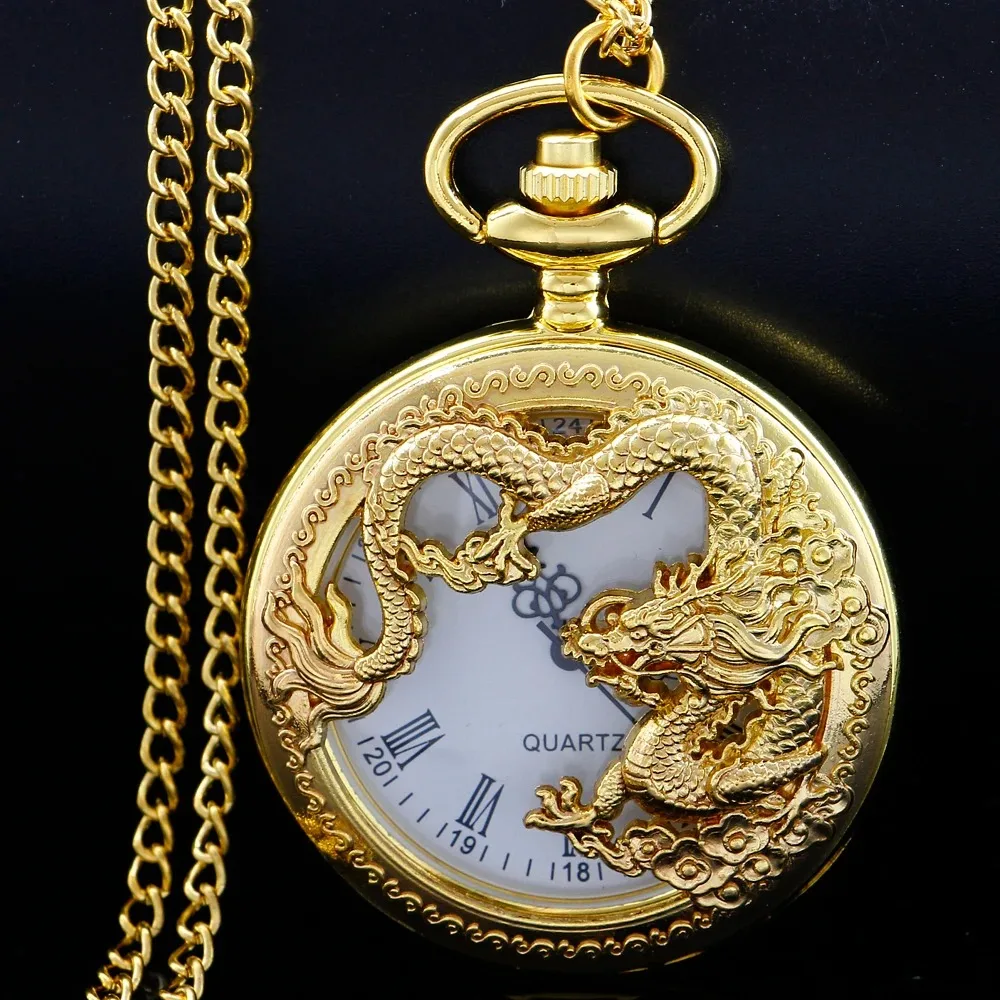Antique Dragon Embossed Quartz Pocket Watch for Men Necklace Pendant Clock Pocket Watches men Jewelry Gift Christmas gifts