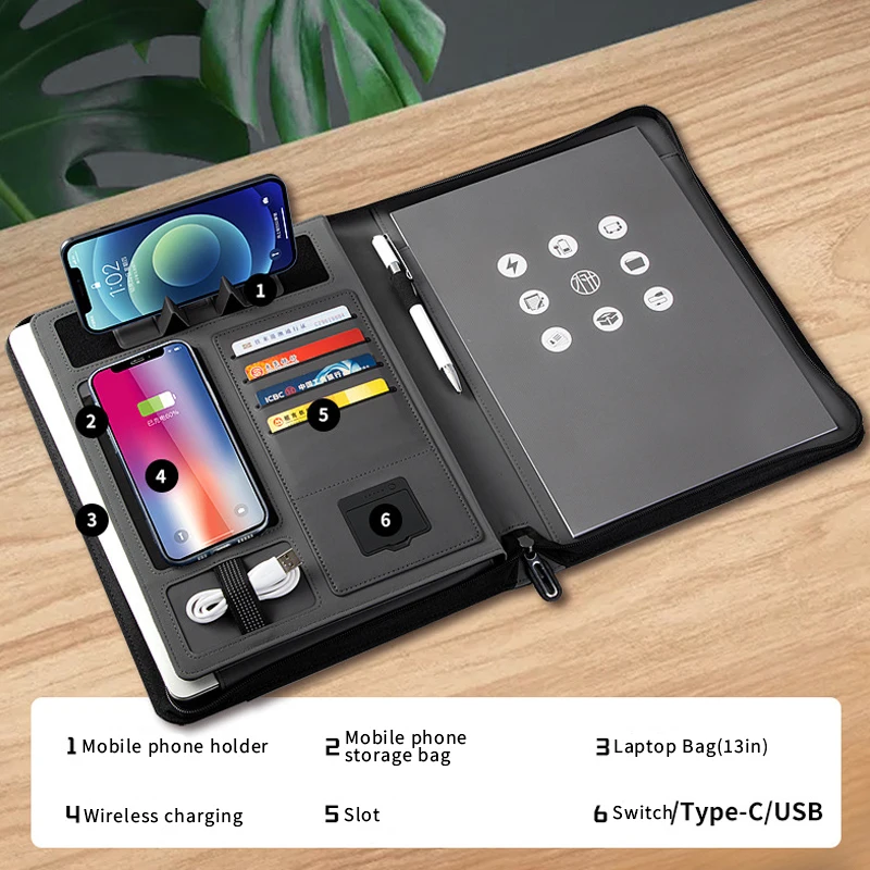 business Luxury A5 Leather  notebook With Power Bank Portfolio with power bank