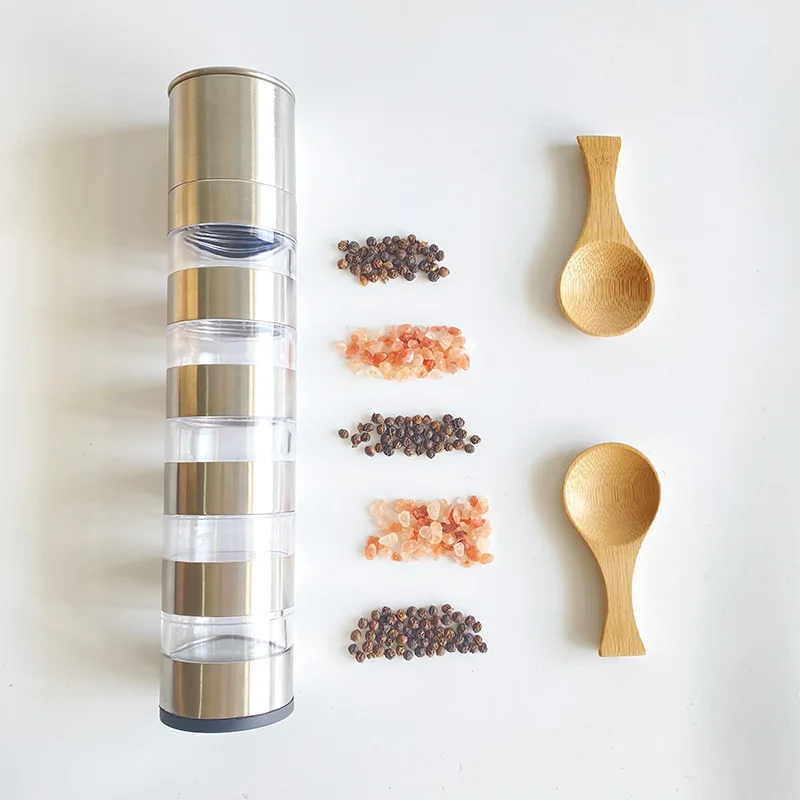 Salt and Pepper Combo Mill Silver Clear 5 in 1 Manual SS Pepper Mill  with Transparent Spice Chambers