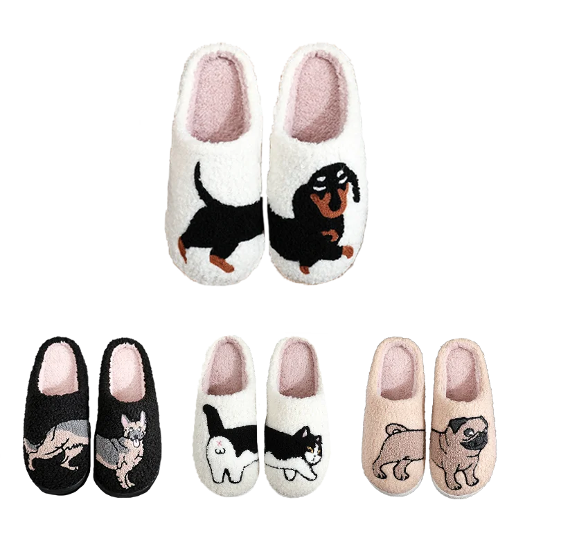Custom cute winter warm fuzzy plush fuzzy house dachshund dog cat animal plush slippers for women