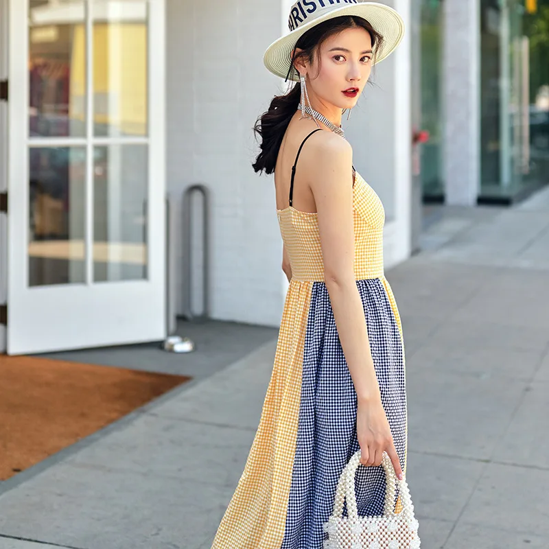 Sexy off-shoulder checked skirt 2024 New Korean style fashion mix colours dress women