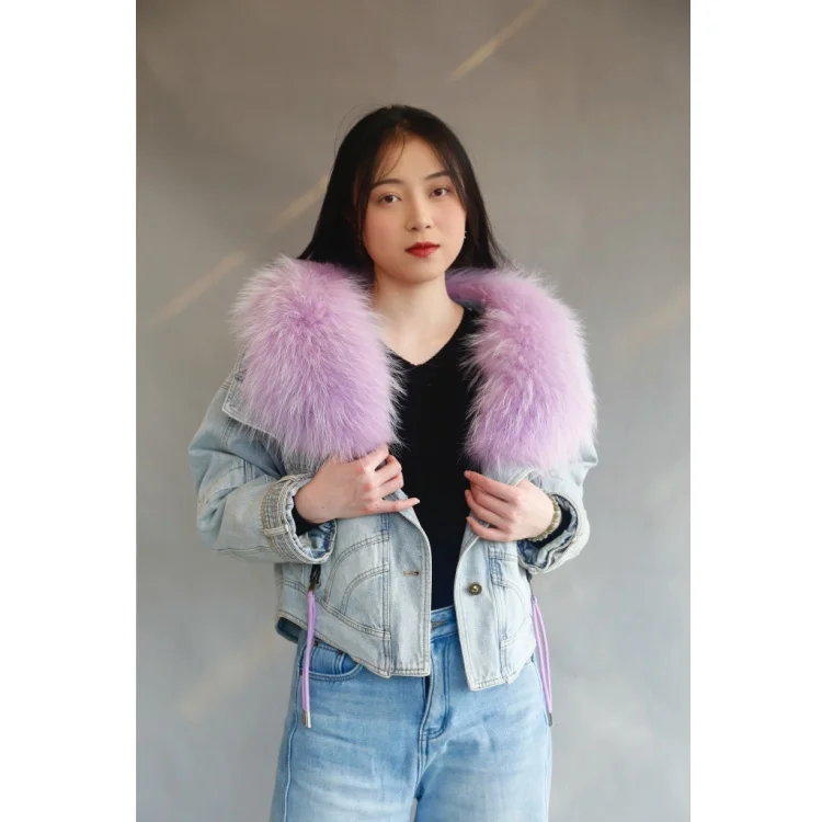 Custom Wholesale Winter Thick Plush Warm Loose Down Jacket Womens Large Raccoon Fur Collar Denim Down Jacket for Women
