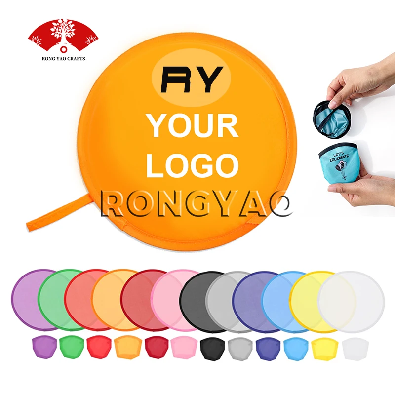 Promotional cheap nylon cloth folding hand fan sublimation blank custom logo round foldable flying disc for pet dog