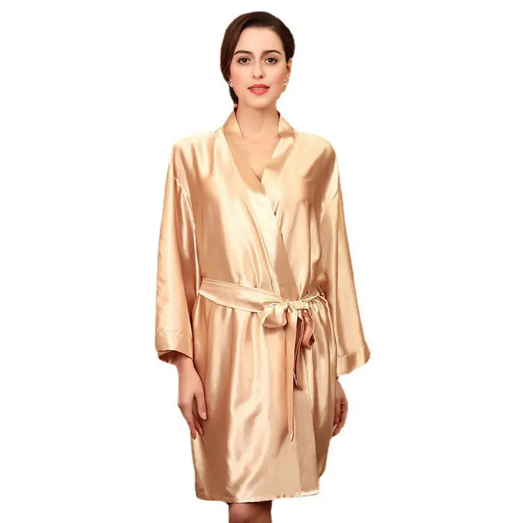 Qushine Wholesale Silk Robes Kimono Long Sleeve Stain Sleepwear Plain Open Front Robe For Women Sleepwear