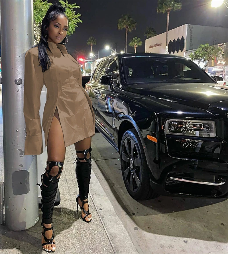 high quality 100 polyester fabric performance snap button down white long sleeve collar dress shirt mini dress for women 2022