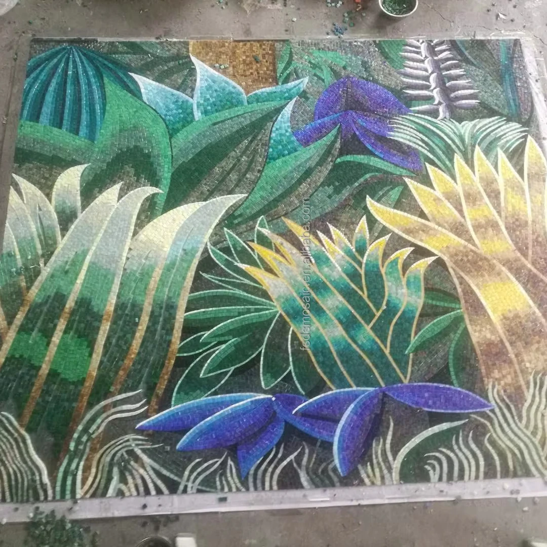 Custom flower landscape bird handmade picture pattern full glass art mural mosaic tile for wall decoration