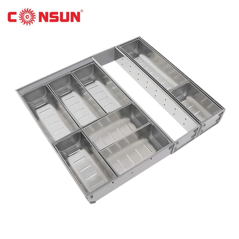 Food Grade Stainless Steel Kitchen  Cupboard Cutlery Tray Drawer Utensils Partition Freely Storage Pull Out Rack