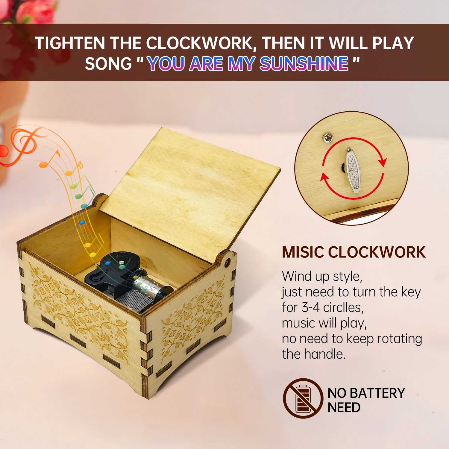 Custom Printing Wooden Clockwork Rotating Music Box Creative Wind Up Mechanism Musical Boxes for Wedding Souvenir Birthday Gift
