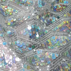 high quality silver all over two tone 3mm+9mm sequin tulle lace fabric wholesale stock for dress or clothing