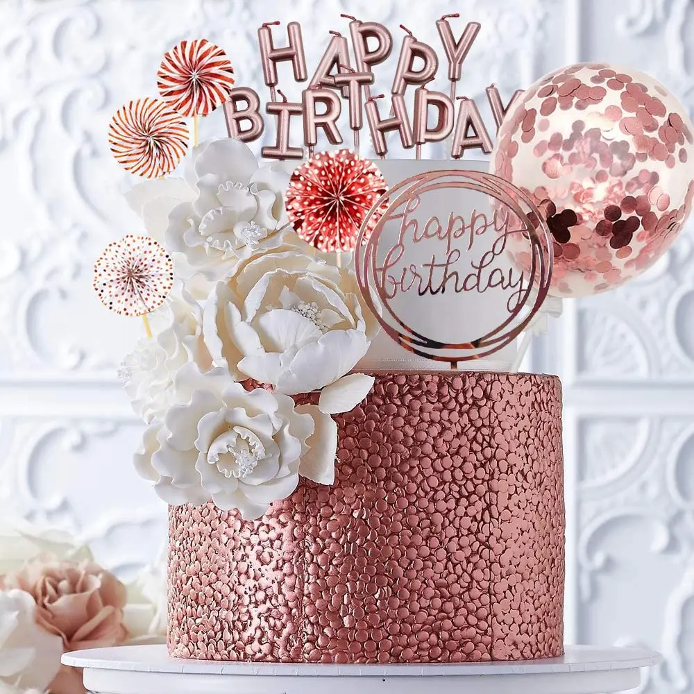 Rose Gold Cake Topper Decor with Happy Birthday Candles wedding Happy Birthday Banner Confetti Balloon Paper Fans