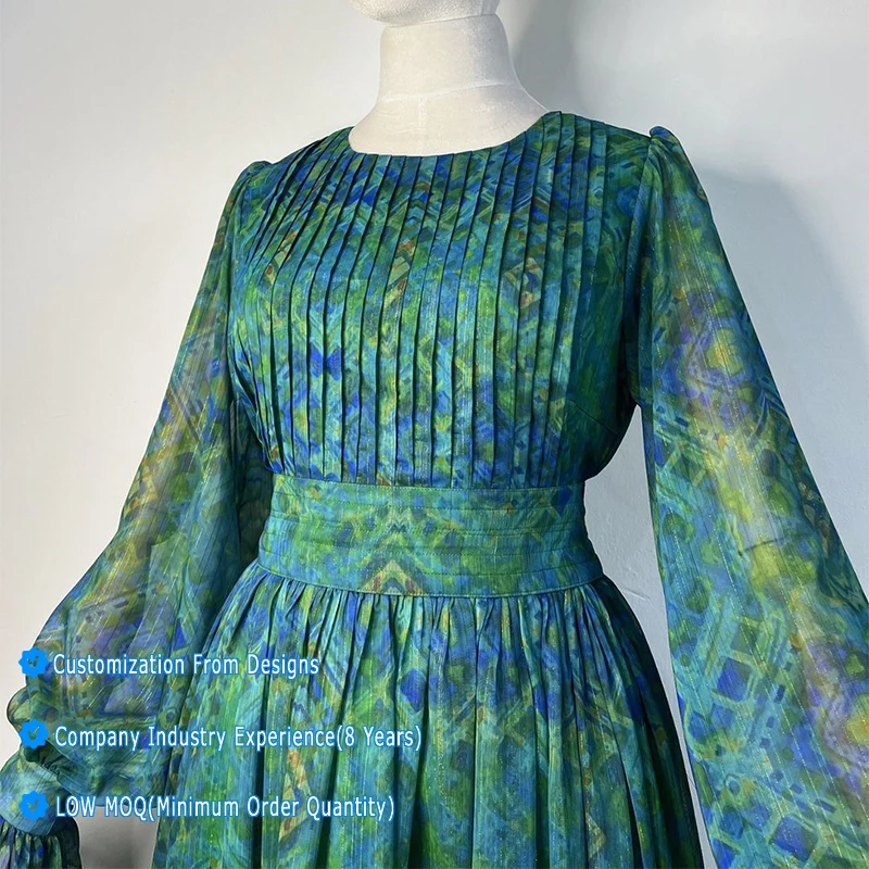 Customization Chiffon Floral Print Semi Sheer Pleated O Neck High Waist Modest Long Sleeves Female Women Maxi Dress