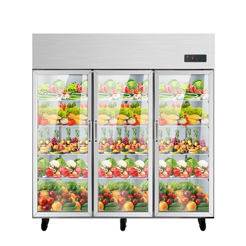 Three-door commercial freezer for flowers and vegetables use display cabinet stainless steel kitchen appliance refrigerator