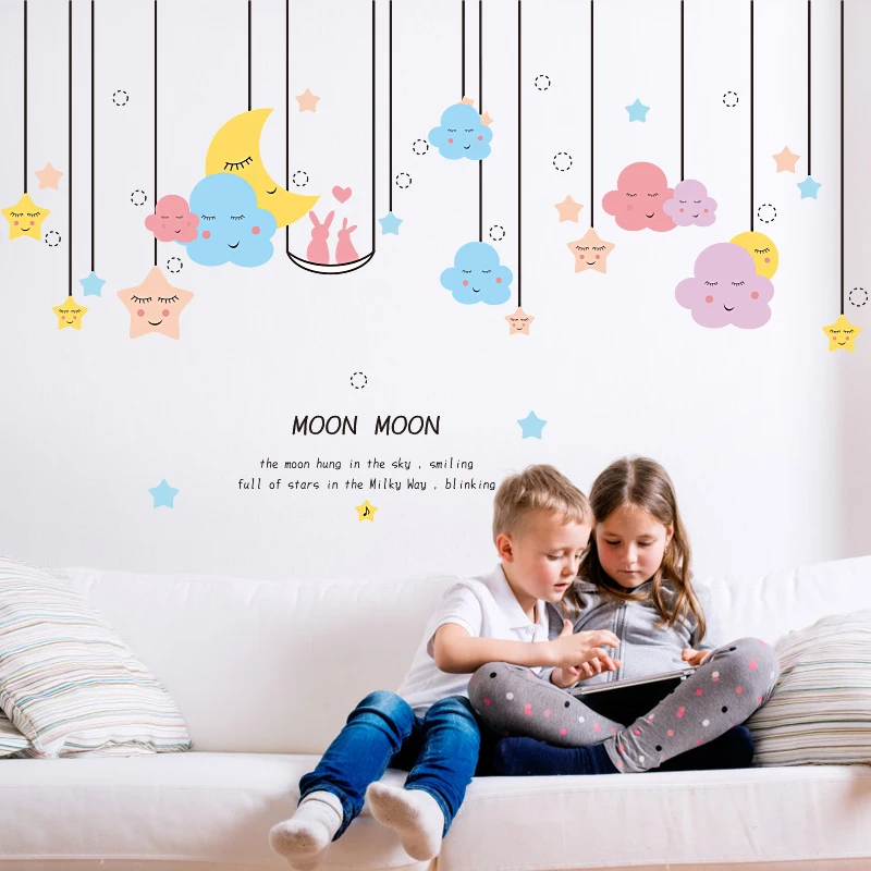 cartoon Star Moon Wall Stickers Kids Rooms Living Room Bedroom Adesivo De Parede DIY Removable Sticker