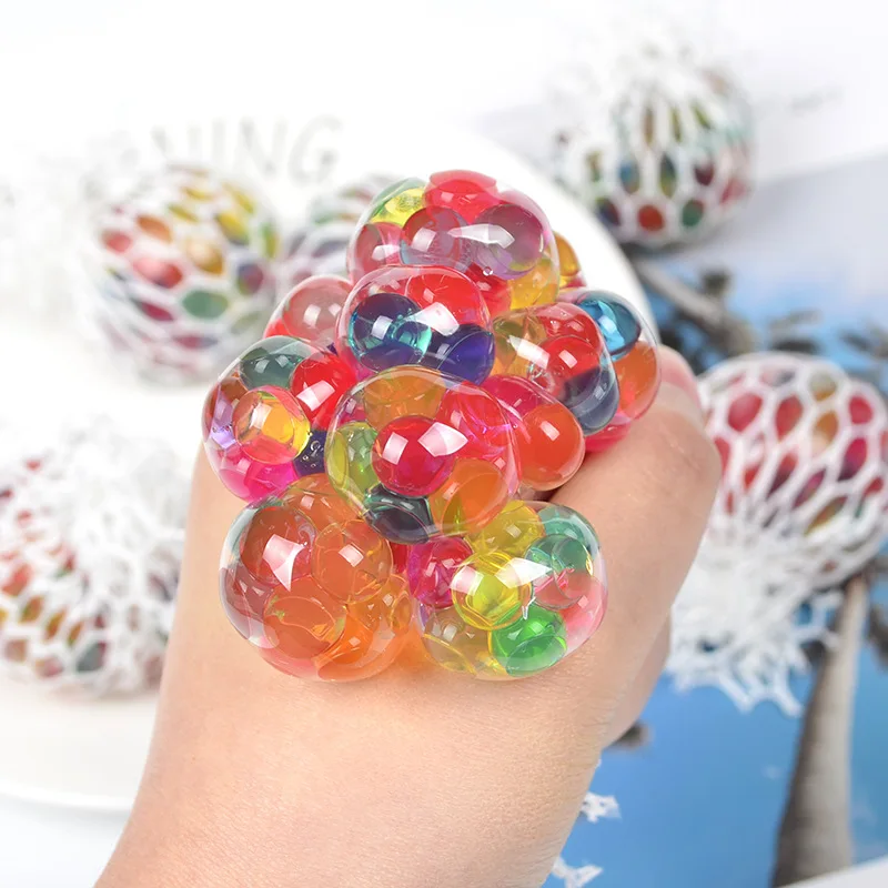 Hand Net Squeeze Glows in Dark Bead Stress Ball Toys Flashing Sensory Fidgets Stress Relief Mesh Squish Ball